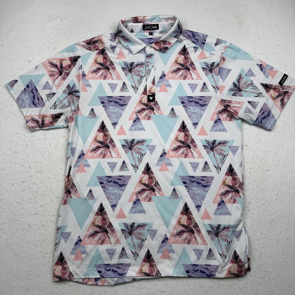 Bad Birdie Polo Shirt Mens Medium Palm Geometric Print Golf Performance Stretch